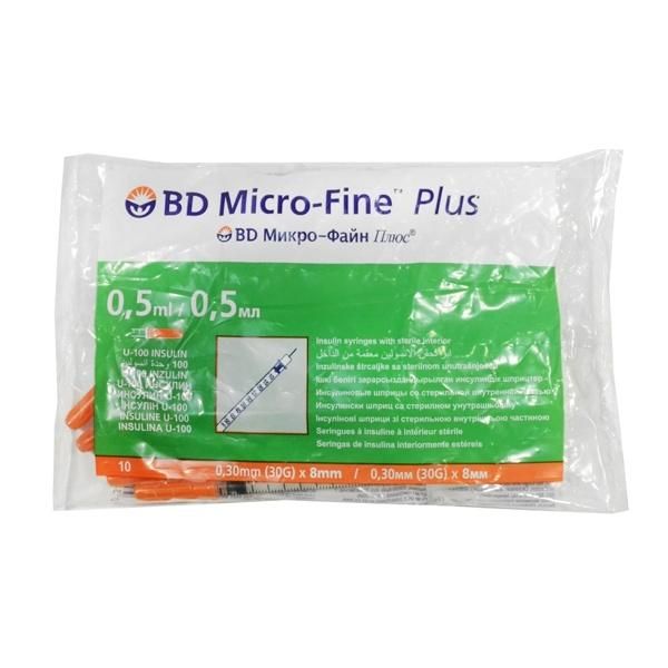 Шприц инсулиновый micro-fine plus 0.5 мл u-100 0.3х8 мм Becton Dickinson, 10 шт
