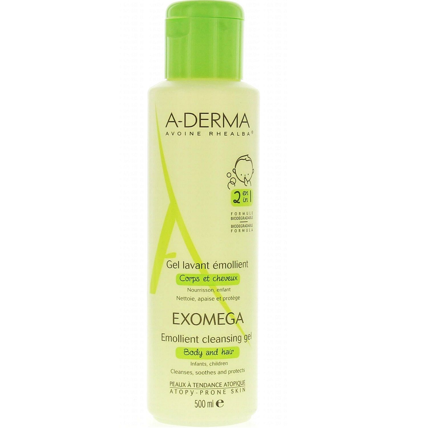 Смягчающий очищающий гель для тела и волос 2 в 1 A-Derma Exomega, 500 мл