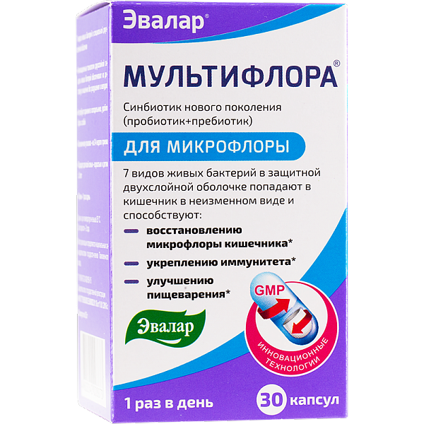 Синбиотик Мультифлора Эвалар для восстановления микрофлоры кишечника 0,5 г, 30 шт