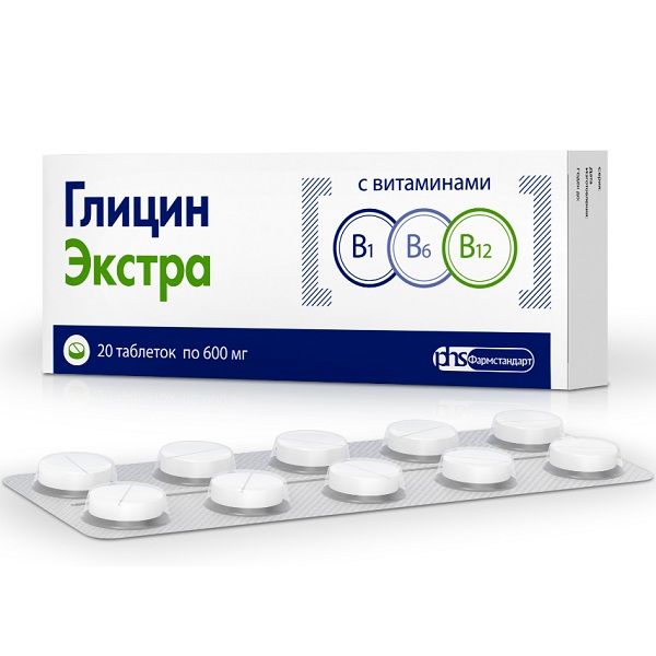 Глицин Экстра с витаминами B1, B6, B12 для повышения умственной работоспособности, 20 шт