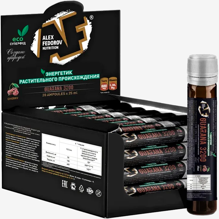 Энергетик растительного происхождения Guarana 3200 вишня Alex Fedorov Nutrition 25 мл, 20 ампул