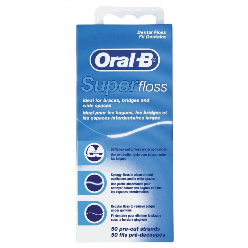 Зубная нить Super Floss для чистки между брекетами Oral-B, 50 шт