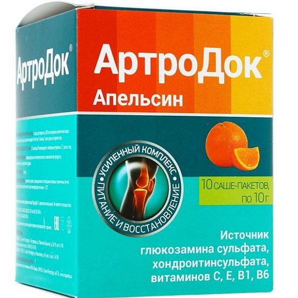 Дополнительный источник витаминов, макро- и микроэлементов, глюкозамина и хондроитина сульфата Артродок апельсин 10 г, 10 шт