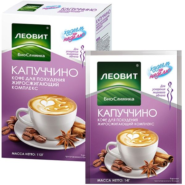 Кофе для похудения Леовит капуччино Жиросжигающий комплекс Худеем за неделю 7 шт х 14 г