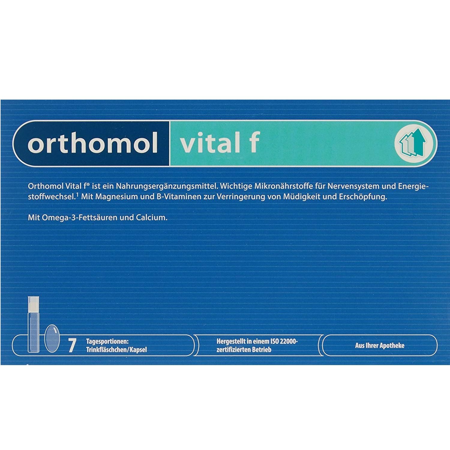 Orthomol Vital F Оптимальная дозировка микронутриентов для женщин Ортомол Витал Ф, питьевые бутылочки и капсулы на 7 дней