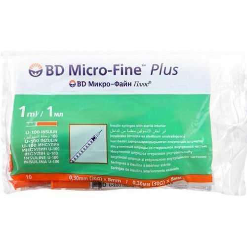 Шприц инсулиновый micro-fine plus 1 мл u-100 0.3х8 мм Becton Dickinson, 10 шт